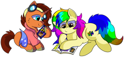 Size: 1280x586 | Tagged: safe, artist:rainbowtashie, imported from derpibooru, full steam, promontory, sunburst, oc, oc:nova reactor, oc:rainbow tashie, earth pony, pony, unicorn, clothes, comic book, commissioner:bigonionbean, cutie mark, fusion, fusion:nova reactor, fusion:promontory, fusion:sunburst, goggles, reading, simple background, transparent background, writer:bigonionbean