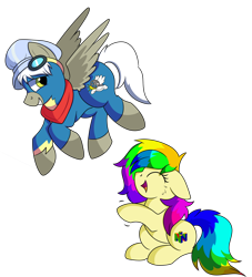 Size: 1280x1408 | Tagged: safe, artist:rainbowtashie, imported from derpibooru, caboose, silver lining, silver zoom, oc, oc:air brakes, oc:rainbow tashie, earth pony, pegasus, pony, clothes, commissioner:bigonionbean, conductor hat, cutie mark, flying, fusion, fusion:air brakes, fusion:caboose, goggles, laughing, nintendo 64, scarf, simple background, transparent background, uniform, wonderbolts uniform, writer:bigonionbean