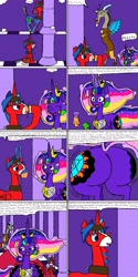 Size: 1600x3200 | Tagged: safe, artist:eternaljonathan, imported from derpibooru, discord, oc, oc:prince hunk, oc:princess universe, alicorn, draconequus, pony, comic:super party fusion, alicorn oc, alicorn princess, angry, bruised, butt, canterlot, canterlot castle, comic, commissioner:bigonionbean, cutie mark, dat ass was fat, dialogue, female, floating, fusion, fusion:prince hunk, fusion:princess cadance, fusion:princess celestia, fusion:princess universe, fusion:twilight sparkle, horn, huge butt, impossibly large butt, irritated, jewelry, jiggle, jiggling, large butt, male, mare, napkin, pillar, plot, regalia, stallion, teasing, the ass was fat, thicc ass, trotting, writer:bigonionbean