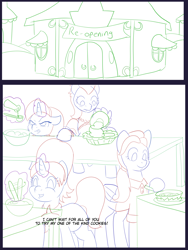 Size: 6000x8000 | Tagged: safe, artist:chedx, imported from derpibooru, cookie crumbles, mane allgood, stellar flare, stormy flare, earth pony, pegasus, pony, unicorn, comic:the other grandparents, baking, carousel boutique, clothes, comic, commissioner:bigonionbean, cooking, dialogue, female, kitchen, magic, mare, sketch, sketch dump, stove, table, writer:bigonionbean