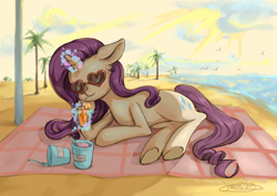 Size: 3508x2479 | Tagged: safe, artist:jatewg, imported from derpibooru, rarity, pony, unicorn, beach, beach blanket, drink, drinking straw, female, food, high res, ice cream, lying down, magic, mare, on side, outdoors, palm tree, prone, side, solo, sunglasses, telekinesis, tree