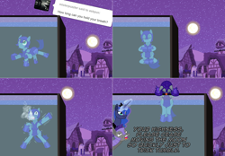 Size: 2562x1786 | Tagged: safe, artist:ladyanidraws, imported from derpibooru, princess luna, oc, oc:adamant, oc:pun, pony, ask pun, agent 707, armor, ask, moon, night, night guard armor