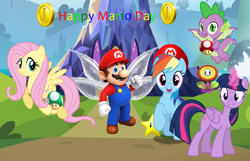 Size: 2419x1558 | Tagged: safe, artist:aimeelovesu, artist:amgiwolf, artist:andoanimalia, artist:dashiesparkle, artist:estories, artist:sapphireartemis, artist:user15432, imported from derpibooru, fluttershy, rainbow dash, spike, twilight sparkle, alicorn, dragon, fairy, human, pegasus, pony, 1-up mushroom, cap, coin, crossover, fairy wings, fire flower, glowing horn, gold coins, hat, horn, mar10 day, maridash, mario, mario's hat, marioshy, mushroom, nintendo, ponyville, super mario bros., super mushroom, super star, twilight sparkle (alicorn), twilight's castle, winged spike, wings