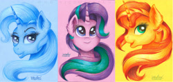 Size: 4908x2335 | Tagged: safe, artist:victoria-luna, imported from derpibooru, starlight glimmer, sunset shimmer, trixie, pony, unicorn, bust, ear fluff, female, high res, mare, portrait, traditional art, trio