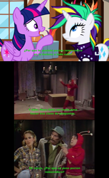 Size: 1920x3144 | Tagged: safe, artist:gradiusfanatic, edit, edited screencap, imported from derpibooru, screencap, rarity, twilight sparkle, alicorn, human, pony, unicorn, it isn't the mane thing about you, alternate hairstyle, chespirito, crossover, el chapulín colorado, florinda meza, punk, ramón valdez, raripunk, roberto gómez bolaños, spanish, spanish text, twilight sparkle (alicorn)