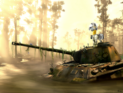 Size: 1920x1440 | Tagged: safe, artist:richmay, imported from derpibooru, zecora, zebra, equestria at war mod, accessories, accessory, butt, ear piercing, earring, female, gold, jewelry, mohawk, neck rings, panther (tank), piercing, plot, standing, swamp, tank (vehicle)