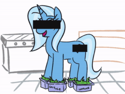 Size: 1180x881 | Tagged: safe, artist:jargon scott, imported from derpibooru, trixie, twilight sparkle, pony, unicorn, ai assisted, ai content, aivo, animated, avo, burger king foot lettuce, censor bar, censored, censored cutie mark, censored eyes, female, fifteen.ai, food, lettuce, mare, meme, sound, sound only, the pony machine learning project, webm