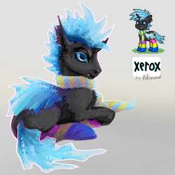 Size: 1080x1080 | Tagged: safe, artist:nranorak, imported from derpibooru, oc, oc only, oc:xerox, changeling, pony, pony town, blue changeling, clothes, fangs, lying down, male, scarf, simple background, socks, solo, striped socks