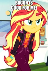 Size: 500x742 | Tagged: safe, edit, edited screencap, imported from derpibooru, screencap, sunset shimmer, equestria girls, equestria girls series, sunset's backstage pass!, spoiler:eqg series (season 2), angry, bacon hair, caption, cropped, cute, female, geode of empathy, image macro, imgflip, impact font, king curtis, madorable, magical geodes, meme, solo, sunset shimmer is not amused, text, unamused