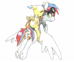 Size: 2516x2092 | Tagged: safe, artist:oddwarg, imported from derpibooru, oc, oc only, oc:oxford nimbus, oc:sulphur nimbus, hippogriff, pegasus, pony, butt feathers, community related, duo, eyes closed, female, flying, flying lesson, folded wings, goggles, hippogriff oc, male, spread wings, stallion, sulphur nimbus, traditional art, underhoof, wings