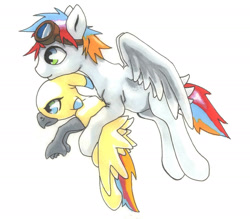 Size: 1797x1575 | Tagged: safe, artist:oddwarg, imported from derpibooru, oc, oc only, oc:oxford nimbus, oc:sulphur nimbus, hippogriff, pegasus, pony, butt feathers, community related, duo, female, flying, flying lesson, goggles, hippogriff oc, holding, hoof hold, male, spread wings, stallion, sulphur nimbus, traditional art, unamused, wings