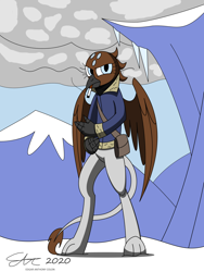 Size: 1920x2560 | Tagged: safe, artist:derpanater, imported from derpibooru, oc, oc only, oc:gwen, griffon, fallout equestria, cigarette, ciggarette, clothes, commission, jacket, smoking, snow, standing, wings