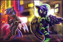 Size: 1400x942 | Tagged: safe, artist:amura-of-jupiter, artist:tiothebeetle, imported from derpibooru, oc, oc only, oc:mewu, oc:moonstone mark, changeling, pegasus, blue changeling, city, crossover, implied fight, male, muscles, night, outdoors, posing for photo, window, yakuza 0