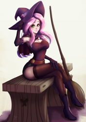Size: 706x1000 | Tagged: safe, artist:the-park, imported from derpibooru, fluttershy, human, armpits, bench, breasts, broom, busty fluttershy, cleavage, clothes, evening gloves, female, fluttershy's cutie mark, gloves, hat, human coloration, humanized, long gloves, simple background, sitting, solo, witch, witch hat