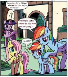 Size: 526x600 | Tagged: safe, artist:pencils, edit, editor:sollace, idw, imported from derpibooru, fluttershy, rainbow dash, twilight sparkle, alicorn, pegasus, pony, spoiler:comic, spoiler:comicidw2020, bipedal, comic, female, filly, filly fluttershy, filly rainbow dash, foal, grin, hair over one eye, implied selfcest, lidded eyes, mare, official comic, open mouth, personal space invasion, pointing, raised hoof, self ponidox, shipping fuel, smiling, smirk, speech bubble, stranger danger, this will end in timeline distortion, time paradox, twilight is a foal fiddler, twilight sparkle (alicorn), underhoof, wide eyes, younger