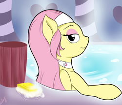 Size: 2300x2000 | Tagged: safe, artist:asajiopie01, imported from derpibooru, fluttershy, pony, twilight sparkle's secret shipfic folder, alternate hairstyle, bath, choker, chokershy, eyeshadow, female, makeup, soap, solo, spa, spa pony, spa pony fluttershy, water