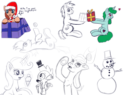 Size: 1300x1000 | Tagged: safe, artist:redquoz, imported from derpibooru, applejack, spike, oc, earth pony, unicorn, drawpile, facial hair, female, gift box, hatless, heart, horn, ice cream cone, male, mare, missing accessory, moustache, present, sketch, sketch dump, snowman, snugglefluff, stallion, tiny hat, unicorn oc