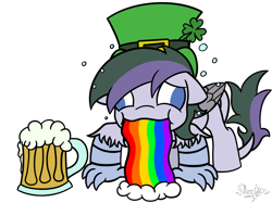 Size: 2732x2048 | Tagged: safe, artist:showtimeandcoal, imported from derpibooru, oc, oc only, oc:vintage collection, cat, hippogriff, pony, alcohol, beer, beer mug, burb, cat burb, clover, commission, drinking, drunk, hat, holiday, mug, ponysona, puking rainbows, rainbow, simple background, solo, st patricks, transparent background, vomit, vomiting, ych result, your character here