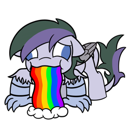 Size: 1994x2001 | Tagged: safe, artist:showtimeandcoal, imported from derpibooru, oc, oc only, oc:vintage collection, cat, hippogriff, pony, burb, cat burb, commission, ponysona, puking rainbows, rainbow, simple background, solo, transparent background, vomit, vomiting, ych result, your character here