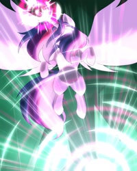 Size: 1280x1600 | Tagged: safe, artist:icycrystalchan, imported from derpibooru, twilight sparkle, alicorn, pony, female, glowing eyes, glowing horn, horn, large wings, magic, mare, solo, twilight sparkle (alicorn), wings
