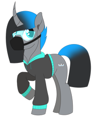 Size: 1347x1699 | Tagged: safe, artist:dyonys, imported from derpibooru, oc, oc:aoi hiko, unicorn, clothes, curved horn, earbuds, glasses, hoodie, horn, male, mask, raised hoof, show accurate, simple background, stallion, transparent background