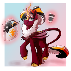 Size: 4000x4000 | Tagged: safe, artist:witchtaunter, imported from derpibooru, pony of shadows, oc, oc only, bat pony, kirin, pony, absurd resolution, bag, bat kirin, bat pony oc, bat wings, coffee cup, commission, cup, cute, cute little fangs, fangs, female, gradient background, kirin oc, mare, plushie, solo, wings