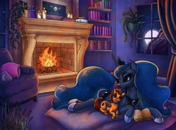 Size: 1280x949 | Tagged: safe, artist:pitchyy, imported from derpibooru, princess luna, oc, oc:fireheart, oc:fireheart(fire), alicorn, pegasus, pony, book, bookshelf, candle, commission, couch, cushion, duo, ethereal mane, female, fireplace, house plant, jewelry, mare, moon, pillow, regalia, smiling, snuggling