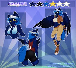 Size: 1334x1200 | Tagged: safe, artist:hakkids2, imported from derpibooru, oc, oc only, oc:midnight oil, anthro, pegasus, unguligrade anthro, belly button, clothes, female, fingerless gloves, freckles, gloves, jacket, midriff, smiling, spread wings, steampunk, wings