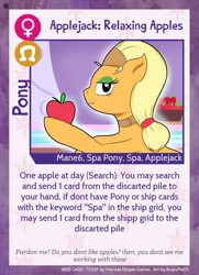 Size: 640x884 | Tagged: safe, artist:asajiopie01, imported from derpibooru, applejack, earth pony, pony, twilight sparkle's secret shipfic folder, apple, card, food, spa pony, spa pony applejack, text, trading card