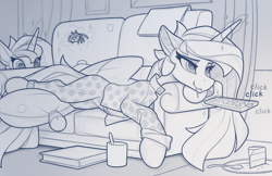 Size: 2100x1357 | Tagged: safe, artist:yakovlev-vad, imported from derpibooru, princess celestia, princess luna, alicorn, pony, spider, clothes, concave belly, couch, duo, female, magic, mare, monochrome, pajamas, prank, prone, remote control, royal sisters, siblings, sisters, sketch, slim, soon, telekinesis, thin, this will end in a trip to the moon, this will end in tears and/or a journey to the moon, this will not end well