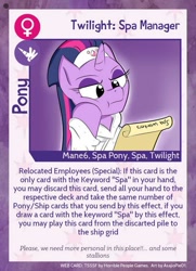 Size: 640x884 | Tagged: safe, artist:asajiopie01, imported from derpibooru, twilight sparkle, alicorn, pony, twilight sparkle's secret shipfic folder, spa pony, spa pony twilight sparkle, text, trading card, twilight sparkle (alicorn)