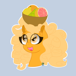 Size: 1280x1280 | Tagged: safe, artist:eillahwolf, imported from derpibooru, oc, oc:orange delight, bowl, food, grapefruit, herbivore, lemon, lime, mixed fruit, orange, smiling