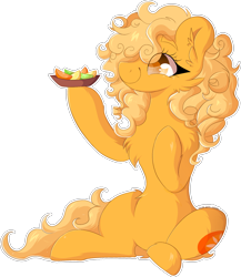 Size: 1634x1879 | Tagged: safe, artist:woonborg, imported from derpibooru, oc, oc only, oc:orange delight, pony, bowl, cheek fluff, chest fluff, commission, food, lemon, lime, mixed fruit, orange, raising hoof, simple background, solo, transparent background