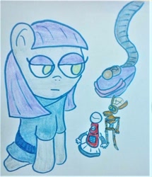 Size: 828x965 | Tagged: safe, artist:dex stewart, imported from derpibooru, maud pie, bird, crow, earth pony, pony, robot, crow t robot, gypsy(robot), macro/micro, mystery science theater 3000, tom servo, traditional art