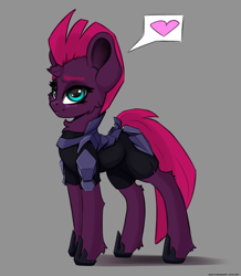 Size: 2400x2750 | Tagged: safe, artist:skitsniga, artist:skitsroom, imported from derpibooru, tempest shadow, pony, unicorn, blushing, broken horn, cheek fluff, chest fluff, cute, eye scar, female, gray background, heart, horn, leg fluff, mare, pictogram, scar, simple background, sketch, solo, tempestbetes