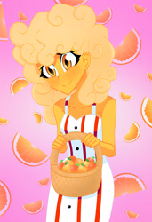 Size: 2132x3114 | Tagged: safe, artist:xan-gelx, imported from derpibooru, oc, oc only, oc:orange delight, equestria girls, basket, clothes, commission, cute, dress, equestria girls-ified, food, fruit, holding, ocbetes, orange, sleeveless, solo