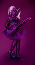 Size: 542x1000 | Tagged: safe, artist:turbinedivinity, imported from derpibooru, oc, oc only, anthro, unicorn, blinders, clothes, collar, dress, female, gradient background, guitar, high heels, horn, latex dress, lock, musical instrument, shoes, solo, unicorn oc