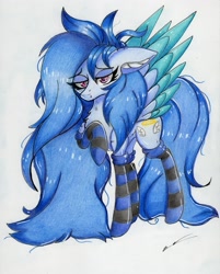 Size: 2459x3053 | Tagged: safe, artist:luxiwind, imported from derpibooru, oc, oc only, oc:blur breeze, pegasus, pony, clothes, female, high res, mare, socks, solo, striped socks, traditional art, two toned wings, wings