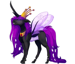 Size: 2000x1700 | Tagged: safe, artist:uunicornicc, imported from derpibooru, oc, oc only, oc:zinizter, changeling, changeling queen, changeling queen oc, crown, female, jewelry, purple changeling, regalia, simple background, solo, white background