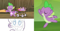 Size: 1124x594 | Tagged: safe, artist:the weaver, artist:weaver, edit, imported from derpibooru, screencap, applejack, rarity, spike, dragon, earth pony, pony, dragon quest, father knows beast, apron, clothes, cookie, cropped, dexterous hooves, eyes closed, food, happy, heart eyes, majestic as fuck, male, naked apron, offscreen character, simple background, smiling, solo, solo focus, teapot, white background, wingding eyes, winged spike, wings