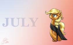 Size: 1024x640 | Tagged: source needed, safe, artist:lucas_gaxiola, imported from derpibooru, applejack, earth pony, pony, abstract background, alternate hairstyle, applejack also dresses in style, black dress, calendar, clothes, dress, dressing, female, mare, raised hoof, signature, solo, tomboy taming