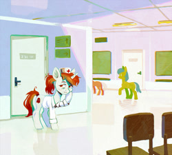 Size: 2000x1800 | Tagged: safe, artist:dearmary, imported from derpibooru, oc, oc only, oc:ruby, oc:ruby heartstrings (rhstrings), earth pony, pony, unicorn, exhausted, hospital, indoors, nurse, tired