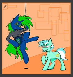 Size: 2616x2776 | Tagged: safe, artist:lucas_gaxiola, imported from derpibooru, lyra heartstrings, oc, pony, unicorn, abstract background, bedroom eyes, climbing, clothes, duo, fangs, female, grin, male, mare, raised hoof, rope, signature, smiling, stallion