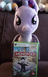 Size: 3264x2040 | Tagged: safe, imported from derpibooru, twilight sparkle, alicorn, pony, female, irl, mare, monopoly, monopoly man, mr. monopoly, photo, plushie, rich uncle pennybags, twilight sparkle (alicorn), video game, xbox 360