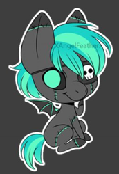 Size: 249x361 | Tagged: safe, artist:xangelfeatherx, imported from derpibooru, oc, oc only, bat pony, pony, bat pony oc, bat wings, colored hooves, dark background, eyepatch, raised hoof, smiling, solo, stitches, wings