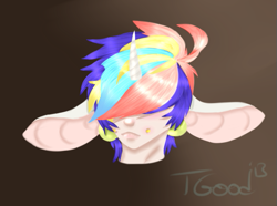 Size: 545x406 | Tagged: safe, artist:-censored-, imported from derpibooru, oc, oc only, oc:elliot, pony, unicorn, bust, gradient background, hair over eyes, horn, impossibly large ears, multicolored hair, rainbow hair, signature, smiling, solo, unicorn oc