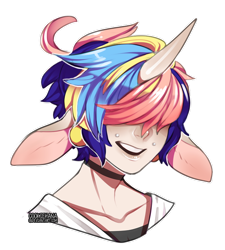 Size: 600x668 | Tagged: safe, artist:cookiehana, imported from derpibooru, oc, oc only, oc:elliot, anthro, unicorn, bust, choker, clothes, hair over eyes, horn, impossibly large ears, multicolored hair, rainbow hair, simple background, solo, transparent background, unicorn oc