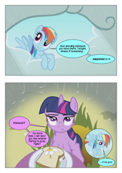 Size: 868x1228 | Tagged: safe, artist:dziadek1990, edit, edited screencap, imported from derpibooru, screencap, rainbow dash, twilight sparkle, season 1, the ticket master, blackmail, cloud, comic, conversation, daisy sandwich, dialogue, food, plate, rain, raincloud, sandwich, screencap comic, slice of life, table, text