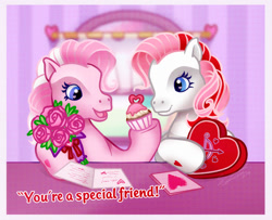 Size: 840x682 | Tagged: safe, artist:conphettey, imported from derpibooru, yours truly, always and forever, bouquet, candy, cupcake, cutie mark, flower, food, g3, valentine's day card