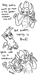 Size: 776x1520 | Tagged: safe, artist:jargon scott, imported from derpibooru, gallus, smolder, dragon, griffon, addiction, black and white, comic, dialogue, duo, female, grayscale, headlock, human shoulders, male, monochrome, vape